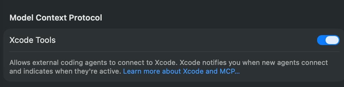 Xcode Settings showing Model Context Protocol toggle for Xcode Tools